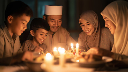 Smiling Muslim family sharing heartwarming meal, illuminated by soft candlelight, embodying family connection and joy