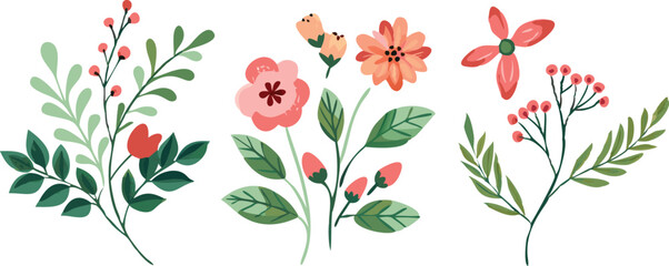 Colorful Floral Bouquets Illustration Set on Transparent Background