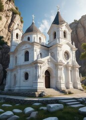 Obraz premium The white church's intricate stone architecture blends seamlessly into the surrounding landscape, Algarve, village