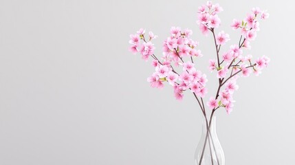 Fototapeta premium Pink Cherry Blossoms in a Clear Glass Vase Against a White Background