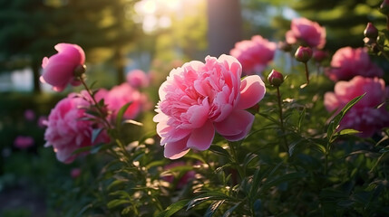 Obraz premium Bright Crimson Peonies with Soft Focus and Beautiful Garden Background