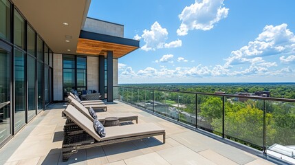 Fototapeta premium Urban penthouse with glass railing A scenic view from a high-rise apartment balcony, furnished with stylish lounge chairs.