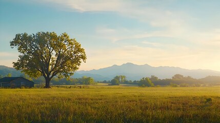 Fototapeta premium Serene Sunrise Landscape: Solitary Tree in Golden Field with Misty Mountains