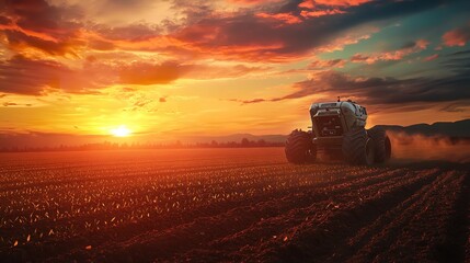 Fototapeta premium Sunset Harvest: A Tractor Working in a Field at Sunset, Symbolizing Agriculture, Rural Life, and the Beauty of Nature.