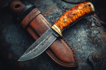 Beautiful hunting knife with a damascus steel blade and wooden handle displayed on a worn leather sheath © Michael