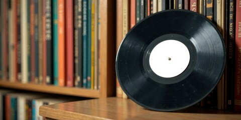 A blank vinyl record rests on a wooden shelf beside a collection of books, showcasing a moment of quiet contemplation and the juxtaposition of analog and literary worlds.