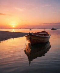 Traditional pinasse boat in the shallow waters of Arcachon bay at sunset, sailboat, pinasse, shallow water