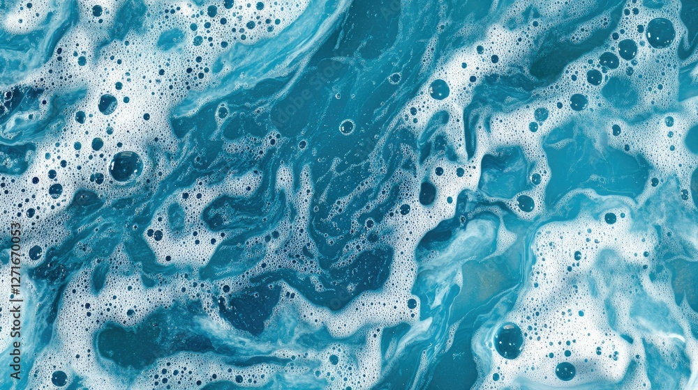 Poster a layer of sparkling soap bubbles floating on water, shiny foam patterns on a bright blue background