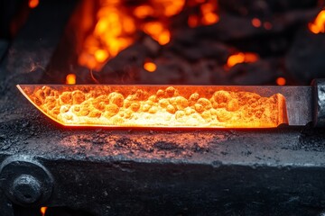 Blacksmith forging red-hot metal knife blade in burning coals