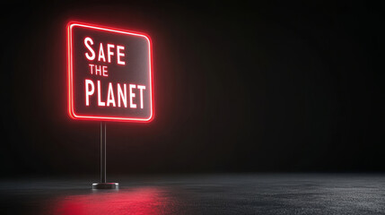 Red illuminated sign saying safe the planet in capital letters, standing in a dark environment