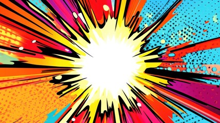 Fototapeta premium High-Energy Comic Book Explosion Effect with Vibrant Halftone Dots, Sharp Lines, and Bright Colors for Playful Youthful Advertising