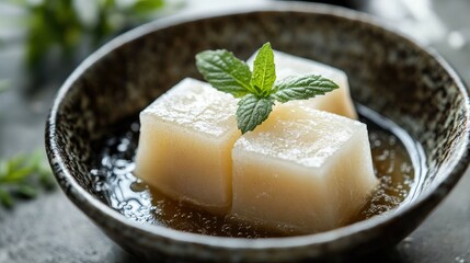 A refreshing Thai dessert mini cube coconut gel in syrup, served in a ceramic bowl with soft natural light enhancing the glossy texture.