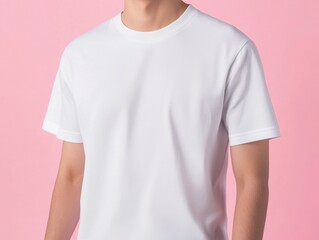 Close-up of a person wearing a plain white short-sleeved t-shirt against a pink background