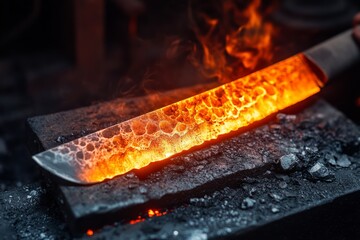 Red-hot knife blade cooling on the anvil during the forging process in the blacksmith workshop