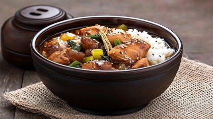 Famous Food of  Korean concept. Delicious chicken dish served with rice in a rustic bowl on a wooden table.