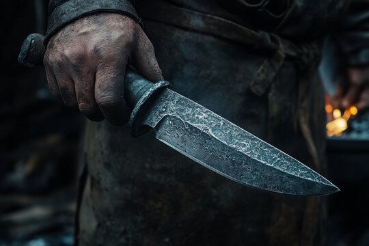 Blacksmith showing custom made knife near forge in his workshop