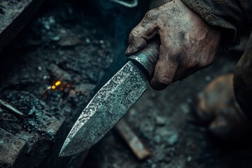 Blacksmith gripping custom made knife near forge in dark workshop