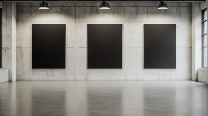 Minimalist composition showing three blank black posters hanging against concrete wall, dramatically lit by overhead industrial lamps