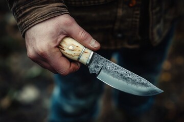 Hunter gripping custom made hunting knife with bone handle