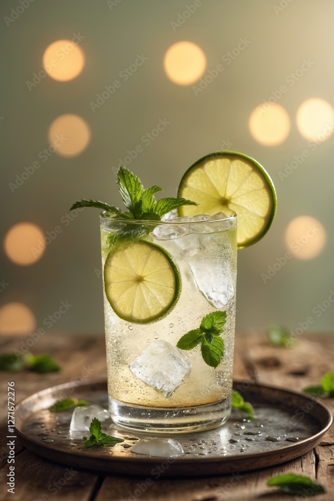 Poster refreshing mint and lime beverage served on a wooden table with soft bokeh lights in the background 