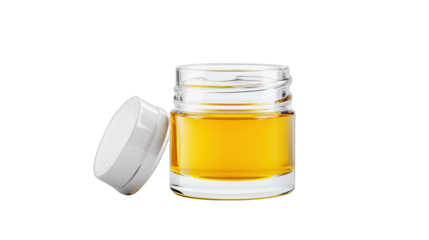 A jar of liquid is open and sitting on a white background