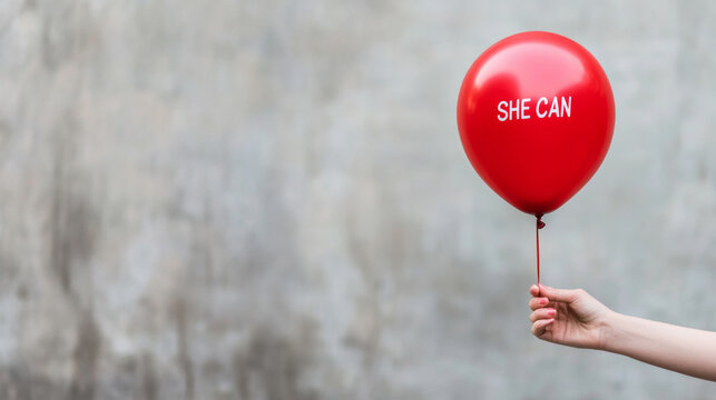 Woman gripping vibrant red balloon displaying empowering She Can message, symbolizing female solidarity during International Women's Day celebration