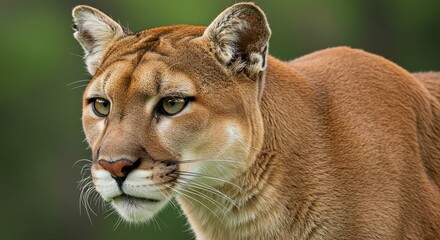 Obraz premium Majestic Cougar Portrait - Close-up of a cougar's face, showcasing its intense gaze and beautiful fur. A wild feline in its natural habitat