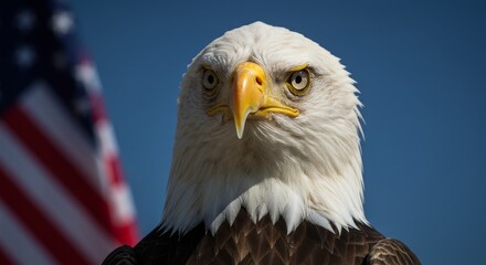 Naklejka premium Majestic Bald Eagle Portrait - Close-up of a bald eagle with a US flag in the background, showcasing its intense gaze and majestic feathers