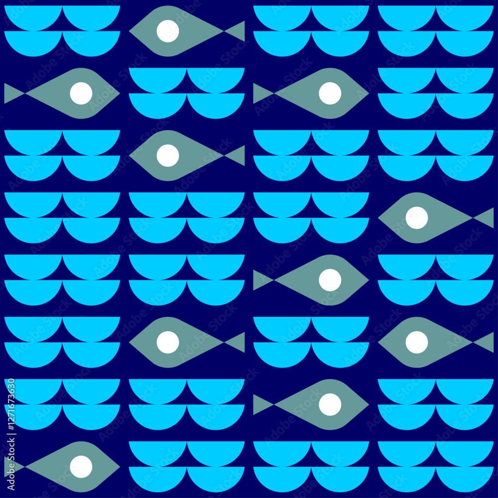 Poster fish and waves simple pattern seamless