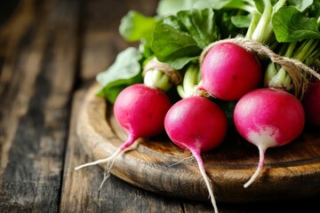 Freshly Harvested Radishes Tied Together on Wooden Cutting Board