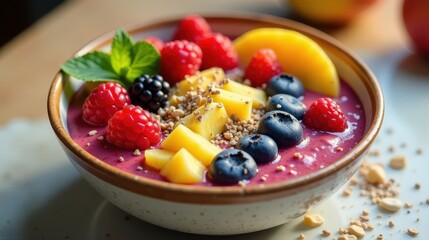 Vibrant Berry and Tropical Fruit Smoothie Bowl Topped with Granola and Fresh Mint