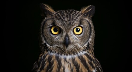 Majestic Owl Portrait - Close-up of a magnificent owl with bright yellow eyes, set against a stark black background