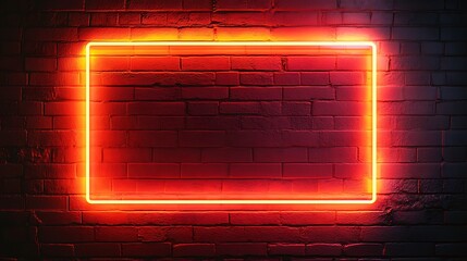 Glowing orange neon rectangular frame on a dark brick wall.