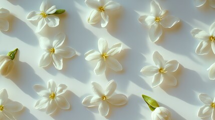 Fototapeta premium Close-up of soft jasmine petals and buds arranged symmetrically on a white surface, emphasizing purity and harmony.
