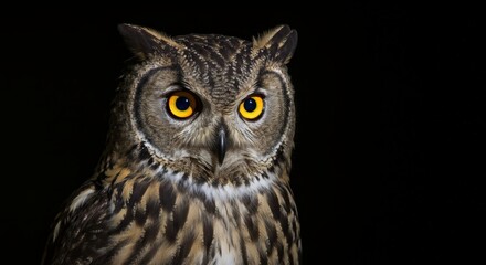 Fototapeta premium Majestic Owl Portrait - Close-up of a striking owl with bright yellow eyes, set against a solid black background. The showcases intricate feather details