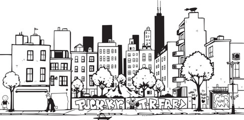 Obraz premium City landscape. Different buildings on street, outline cityscape hand sketch, flat houses. Hand drawn vector illustration