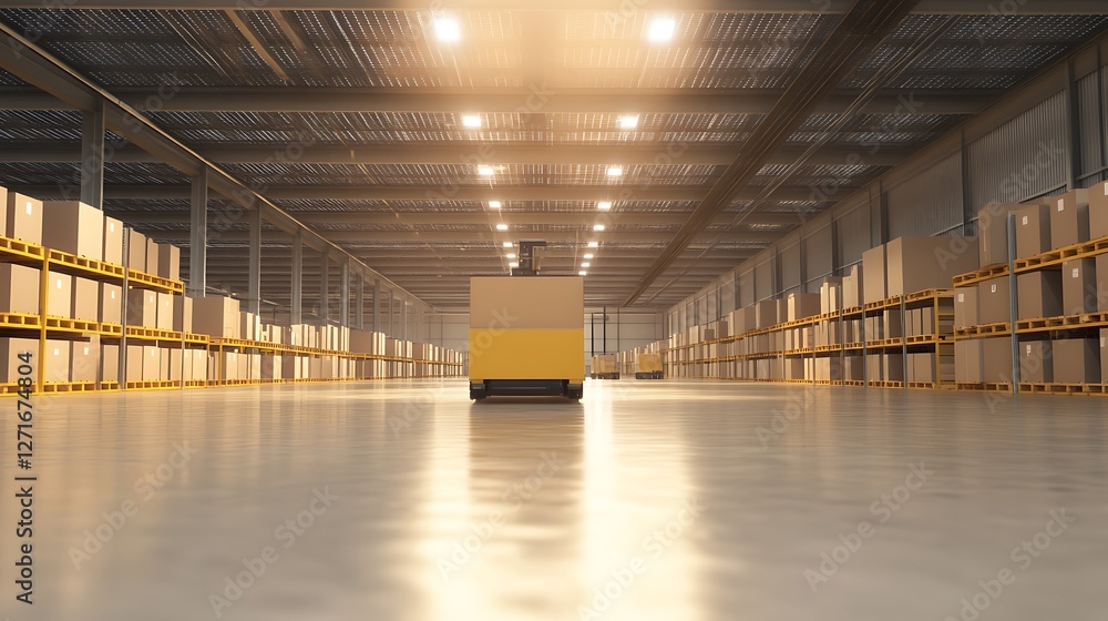 Poster warehouse image depicting autonomous electric technology in a large storage space, showcasing modern