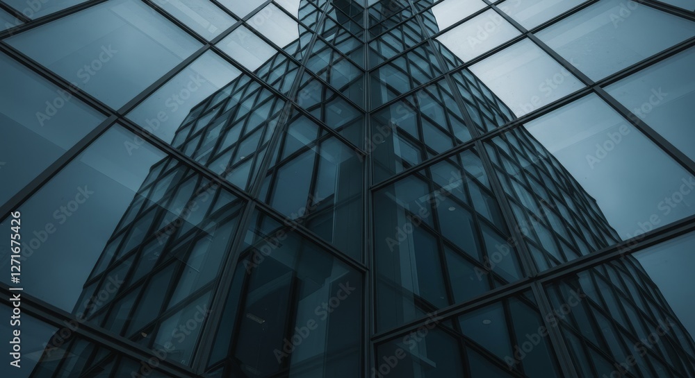 Poster modern glass building reflection - abstract of a modern glass skyscraper reflecting its own structur