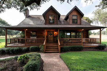 Obraz premium Charming ranch-style house for sale large front porch scenic neighborhood inviting atmosphere family-friendly concept