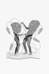 Vertical collage picture of two black white effect people hold hands dancing flower instead head...