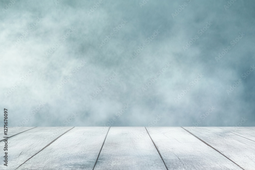 Aufkleber ethereal backdrop with soft, foggy texture above a weathered wood surface creating depth and mystery