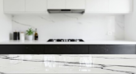 Modern Kitchen White Marble Countertop - Clean minimalist kitchen design,empty white marble surface, perfect for product placement, symbolizing purity, elegance, modernity, sophistication