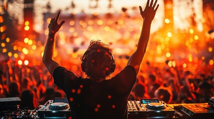 DJ Raising Hands in Excitement Before a Massive Crowd at Festival