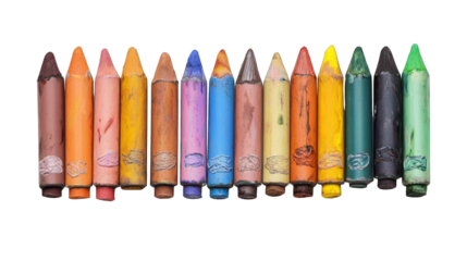 A row of crayons with different colors and sizes