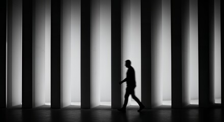 Silhouette Walking Through Abstract Columns in Black and White Architecture