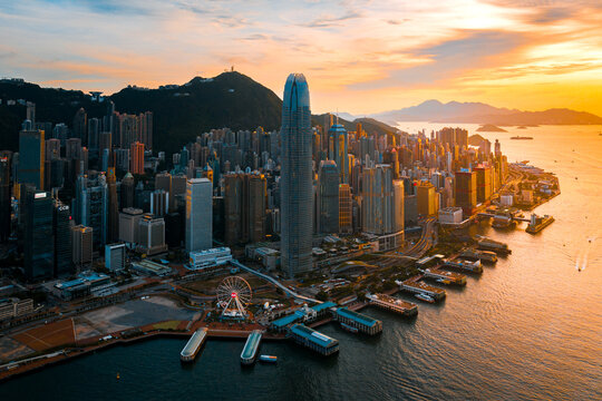 Aerial view of Central in Hong Kong Island during sunset