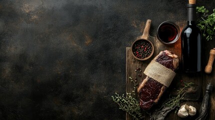 Moody dark background with a rustic wooden table, aged rib eye steak wrapped in burlap, peppercorns, olive oil, and a bold red wine bottle.