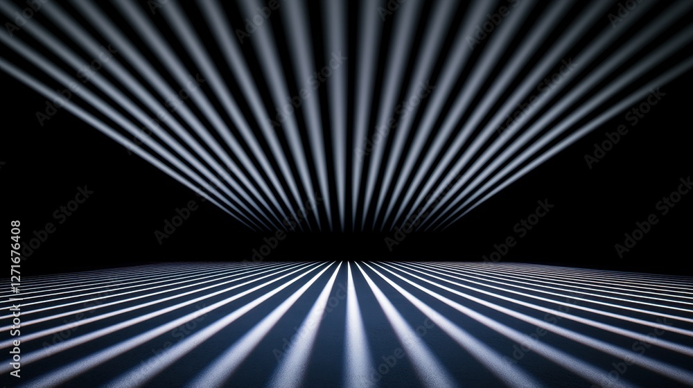 Poster black studio background illuminated concept, striking contrast of white light beams against black ba