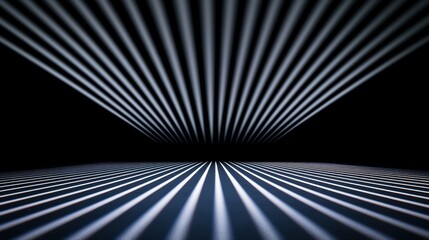 Naklejka premium Black Studio Background Illuminated Concept, Striking Contrast of White Light Beams Against Black Background Creating Dynamic Horizontal Lines