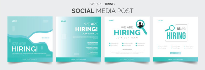 Join our team banners. We are hiring communication poster, help wanted advertising banner with speaker and vacant badge. Hr recruiting hire, vacancy job offer isolated vector signs set